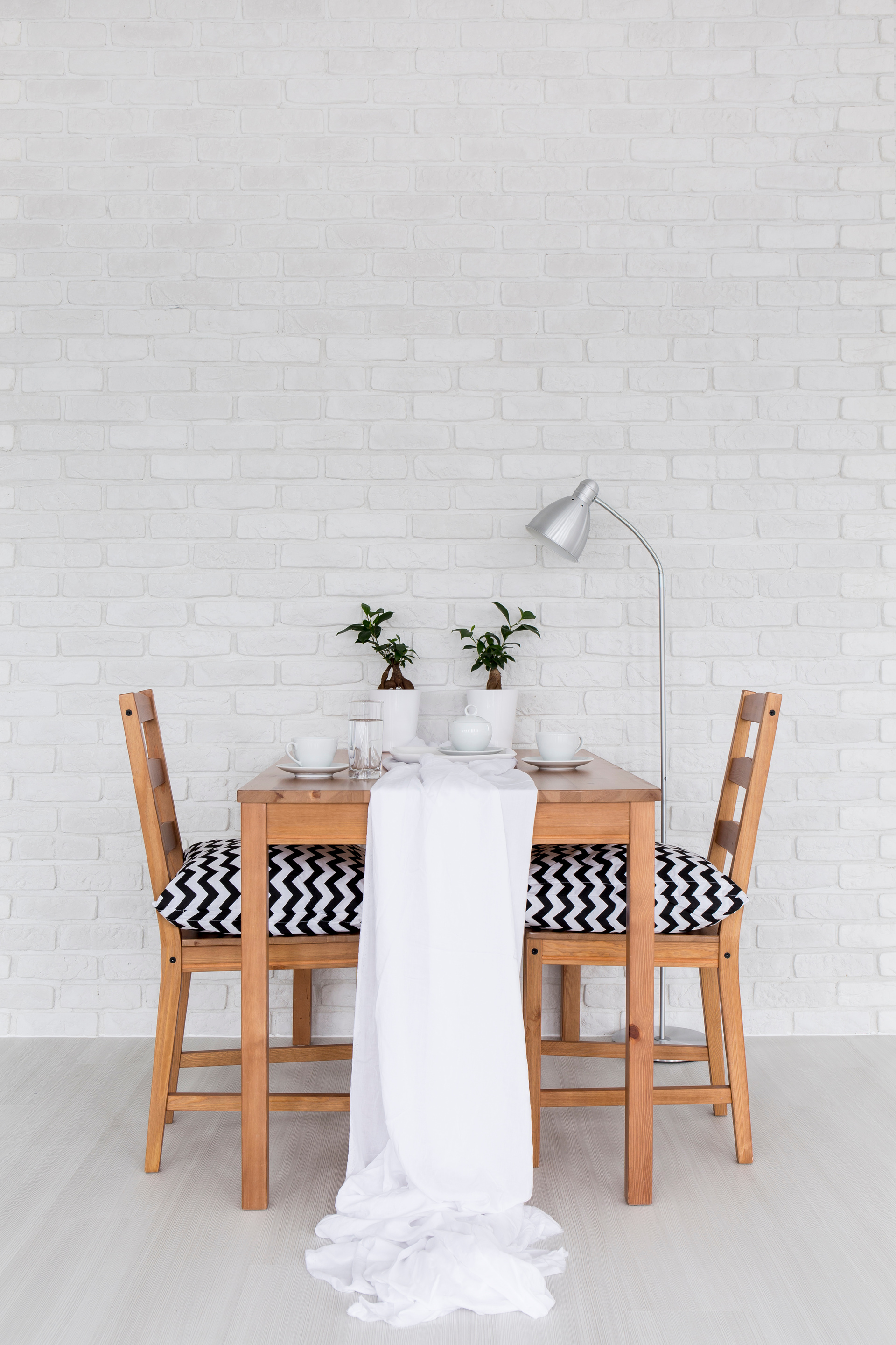 Dining table covered in white